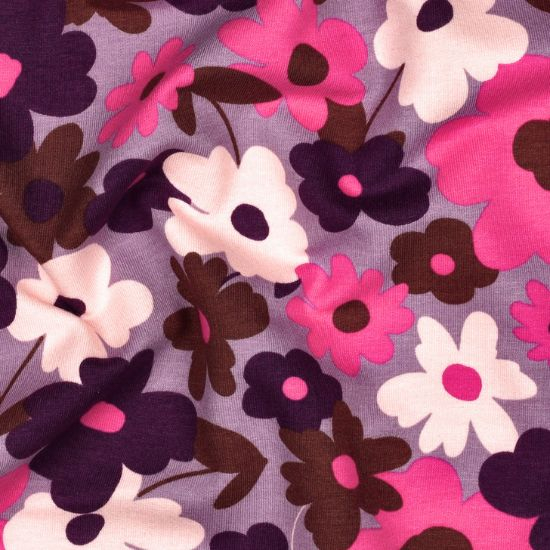 Softer, leichter Sweatstoff in Lavendel mit Retro Blumen gemustert