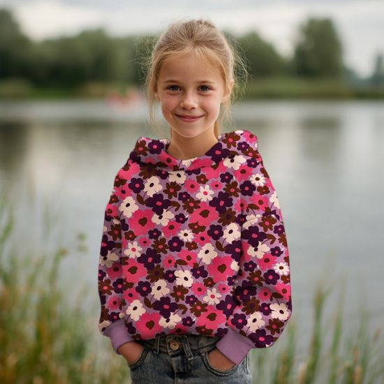 Preview: Softer, leichter Sweatstoff in Lavendel mit Retro Blumen gemustert