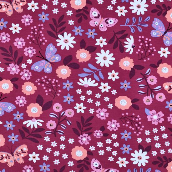 Weicher angenehmer French Terry in magenta mit Blumen und Schmetterlingen gemustert