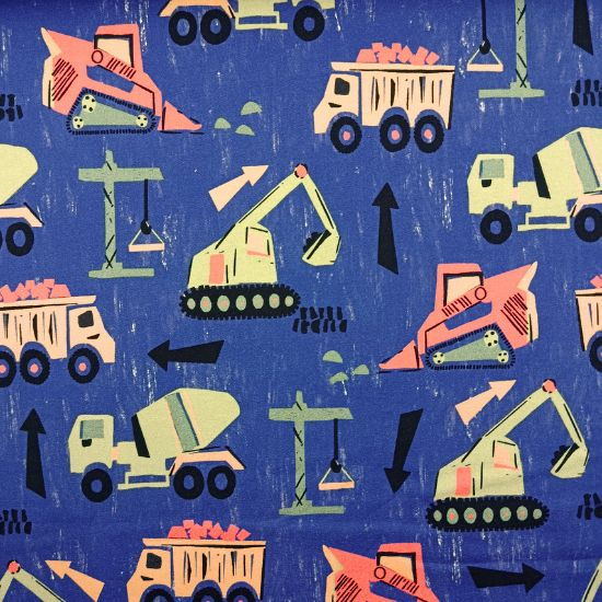 Preview: Softer, leichter Sweatstoff in Blau mit tollen Baufahrzeugen gemustert