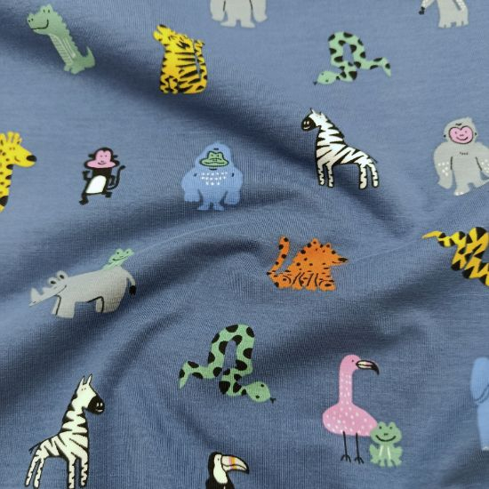 Kuschelweicher Jersey in jeansblau mit lustigen Safari Tieren gemustert