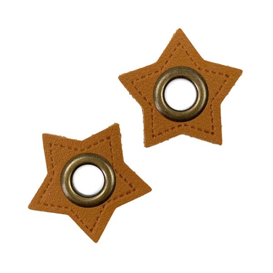 Vier braune Ösenpatches aus Kunstleder in Sternform mit Durchmesser von 8mm.