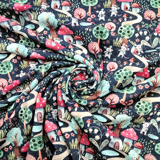 Preview: Bunter Baumwolljersey mit niedlichen Fliegenpilzen für kleine Maerchenfans und Tierliebhaber. Grundfarbe Dunkelblau.