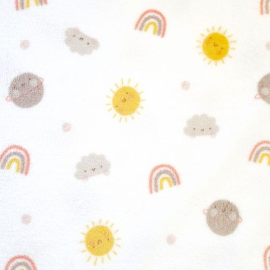Kuscheliger Wellnessfleece mit Regenbögen, Sonnen und Wolken gemustert
