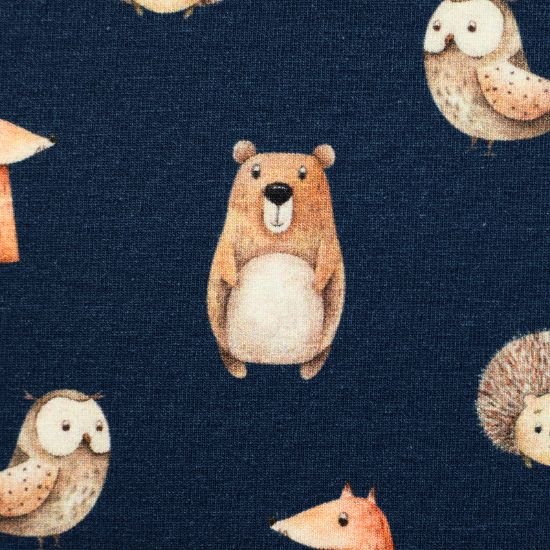 Preview: Weicher French Terry in marine mit Herbsttieren gemustert
