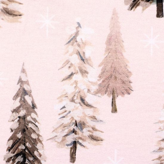 Preview: Weicher French Terry in rosa mit Weihnachtsbäumen gemustert