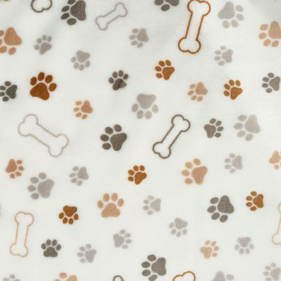 Preview: Kuschelweicher Wellnessfleece in offwhite mit Pfoten und Knochen gemustert
