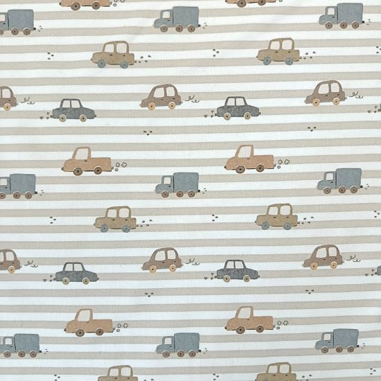 Preview: Weicher French Terry in taupe - offwhite gestreift mit niedlichen Autos gemustert