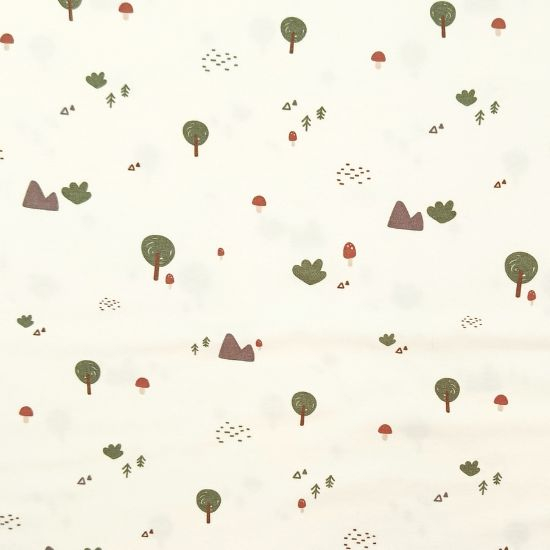 Weicher Baumwolljersey in Ecru mit Mini Waldmotiven gemustert