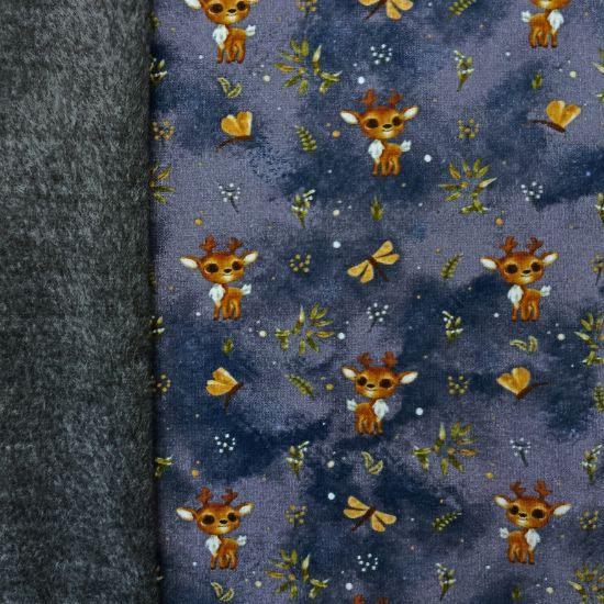 Superkuscheliger warmer Alpenfleece in jeansblau mit süßen Rentierbabys gemustert