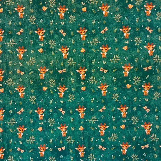 Superkuscheliger warmer Alpenfleece in petrol mit süßen Rentierbabys gemustert