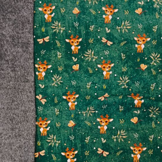 Superkuscheliger warmer Alpenfleece in petrol mit süßen Rentierbabys gemustert