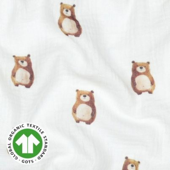 Weich fallender Bio Musselin in offwhite mit kleinen süßen Bären gemustert