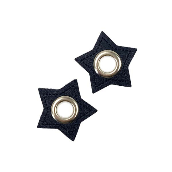 Vier schwarze Ösenpatches aus Kunstleder in Sternform mit Durchmesser von 8mm.