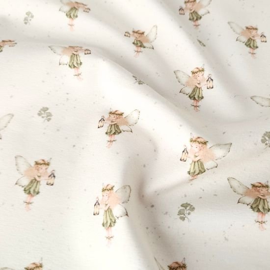 Kuschelweicher Jersey in Ecru mit kleinen Waldfeen gemustert