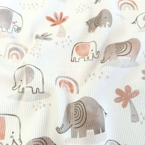 Weicher Ribjersey in offwhite mit Baby-Elefanten gemustert