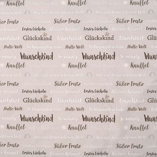 Preview: Weicher Baumwolljersey in hellem Nougat mit Babywords gemustert