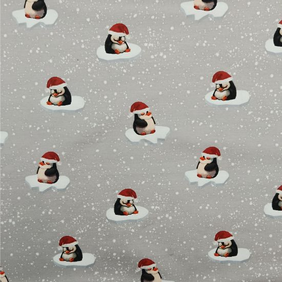 Kuschelweicher Jersey in steingrau mit träumenden Pinguinen im Schnee gemustert