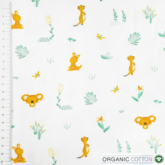 Preview: Bio Baumwolljersey in ecru mit Zootieren gemusert