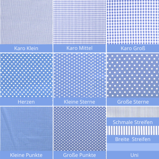 Baumwollstoff in hellblau mit verschiedenen Mustern.
