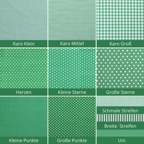 Baumwollstoff in grün mit verschiedenen Mustern.