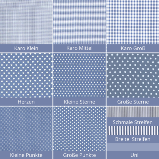 Baumwollstoff in jeans mit verschiedenen Mustern.
