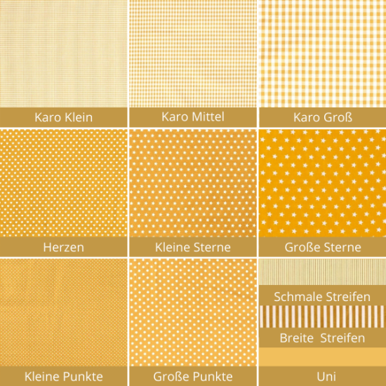 Baumwollstoff in Senf mit verschiedenen Mustern.