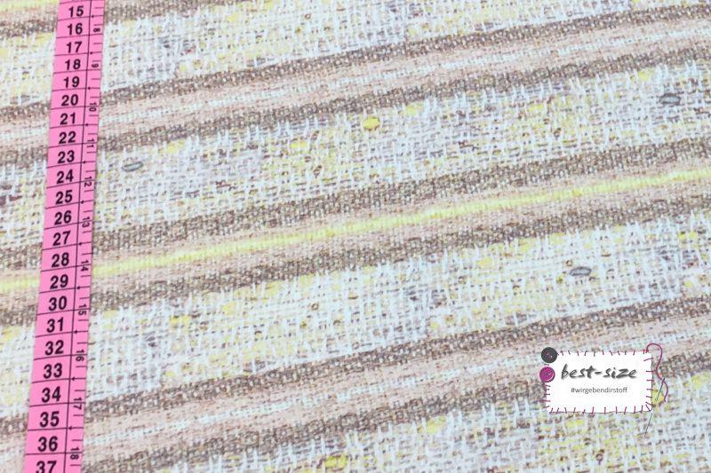 baumwoljersey in beige mit unterschiedlichen streifenmuster mit massband links