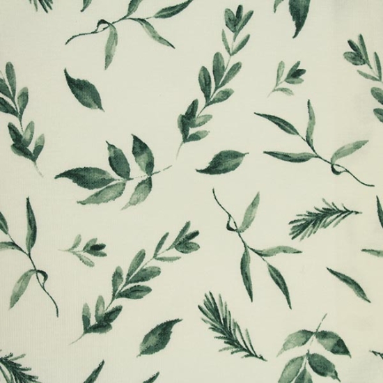 Baumwolljersey in grün gemustert mit Blättern im Digitaldruck