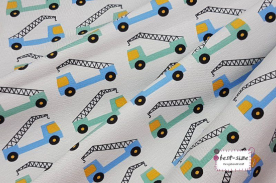 Preview: bio-baumwolljersey in grau mit aufdrucken von kranfahrzeugen geknuellt