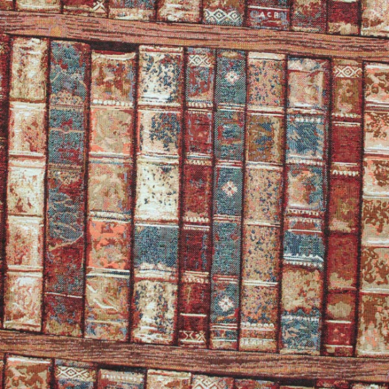 Dekostoff aus Baumwollgemisch in Braun mit Büchern im Bücherregal im Vintagelook