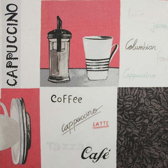 dekostofff kariert in weiss, rot und schwarz mit motiven von kaffeekannen und kaffetassen sowie schriftzuegen
