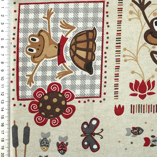 Preview: Dekostoff aus Baumwollgemisch in beige mit Motiven von lustigen Fröschen.