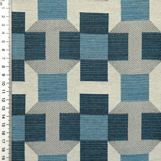 Dekostoff aus Baumwollgemisch mit blauen geometrischen Formen.