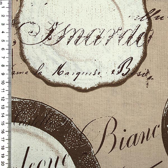 Preview: Dekostoff aus Baumwollgemisch in beige mit Tellermotiven in weiss und Schriftzügen in Handschrift