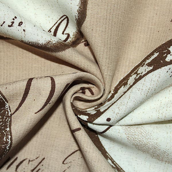 Preview: Dekostoff aus Baumwollgemisch in beige mit Tellermotiven in weiss und Schriftzügen in Handschrift