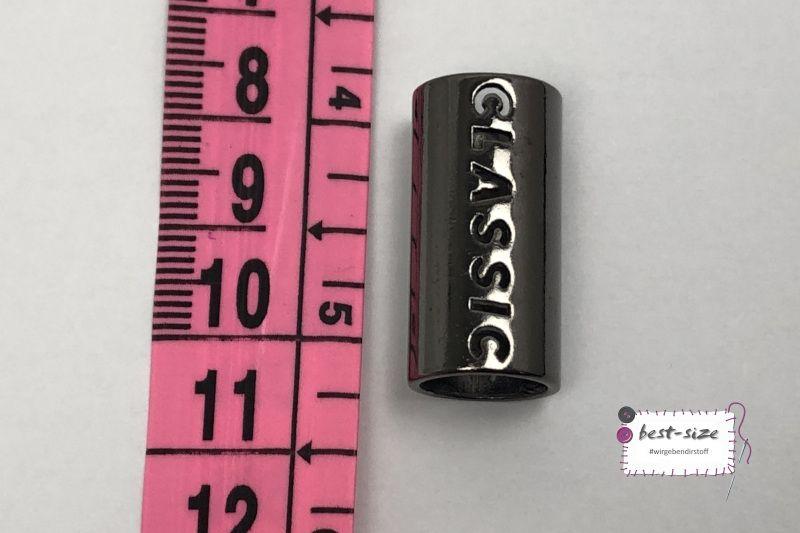 metallkordelende in schwarz mit 11mm Durchmesser mit Maßband links zur Größeneinordnung
