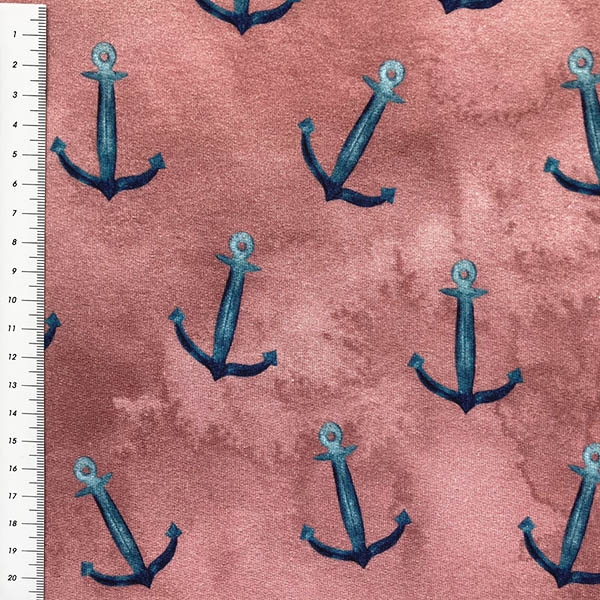 Preview: French Terry  in himbeer mit Ankern gemustert.