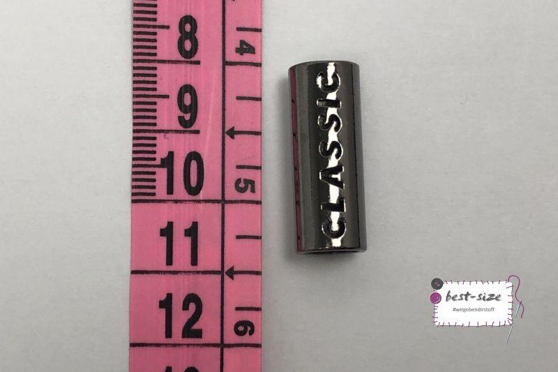 metallkordelende in schwarz mit 5mm durchmesser mit Maßband links zur Größeneinordnung