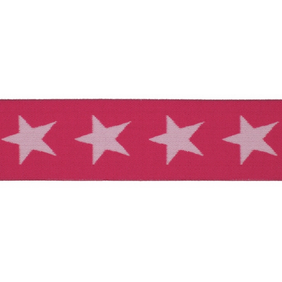 Gummiband mit einer Breite von ca. 40mm in fuchsia gemustert mit blassen hellrosanen Sternen