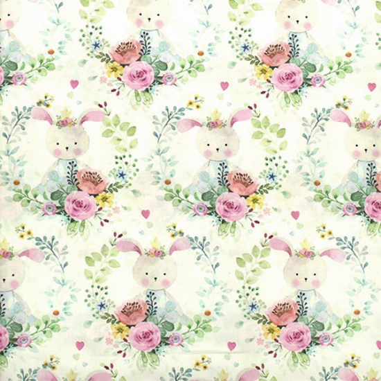 Baumwollstoff von HILCO mit niedlichen Hasenmotiven im Blumenkranz im Digitaldruck