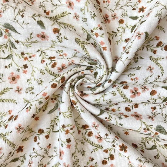 Preview: Musselin mit Blumensträuchern gemustert.