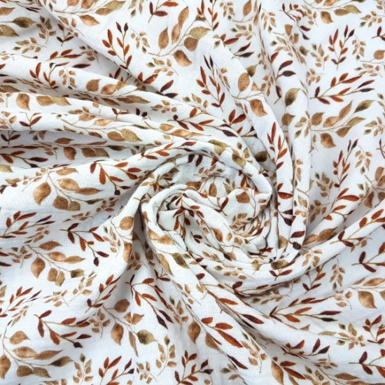 Preview: musseiln double gauze in ecru mit edlen blattmotiven in digitaldruck