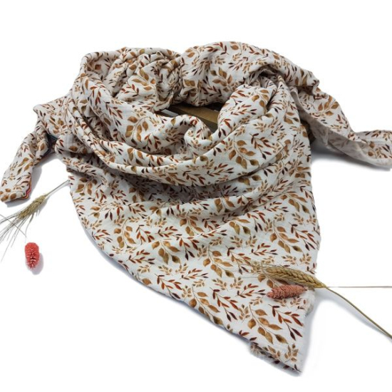 Preview: musseiln double gauze in ecru mit edlen blattmotiven in digitaldruck