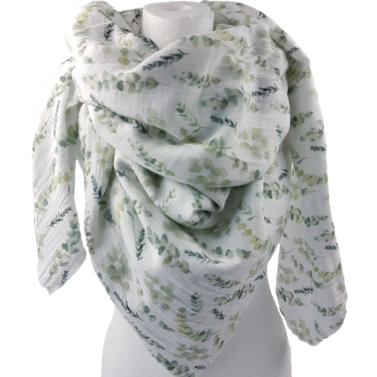 musseiln double gauze in ecru mit gruenen eukalyptus blaettern