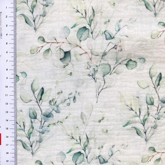 Preview: Musselin mit Eukalyptus gemustert.