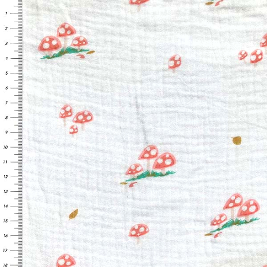 Preview: leichter Musselin in ecru mit Pilzen gemustert.