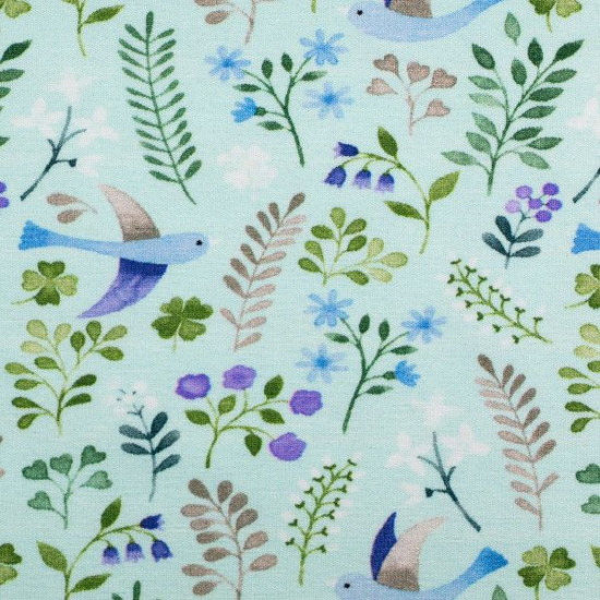 Preview: Baumwolljersey von Swafing in mint gemustert mit Vogel- und Blumenmotiven