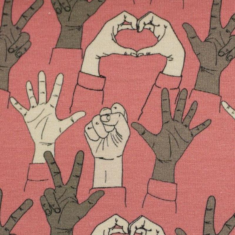 Baumwolljersey von Swafing in koralle gemustert mit Händen die verschiedene Handzeichen machen designed by Bienvenido Colorido