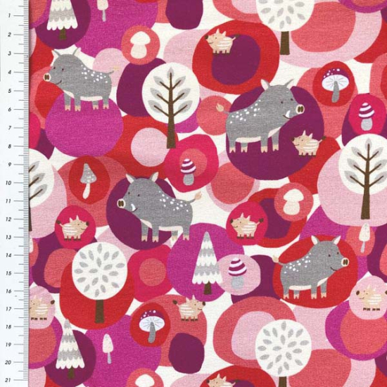 Preview: leicht angrauter French Terry in rot mit Schweinen gemustert.